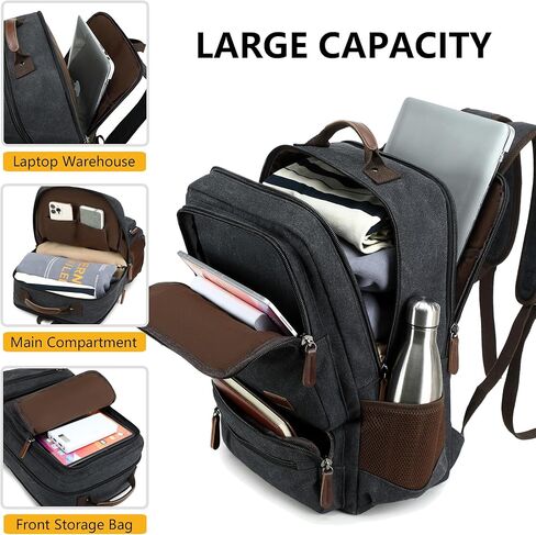 حقيبة ظهر للكمبيوتر المحمول من القماش للرجال والنساء، حقيبة ظهر متينة للسفر والعمل تناسب أجهزة الكمبيوتر المحمول وأجهزة الكمبيوتر المحمول مقاس 15.6 بوصة، وحقائب ظهر جامعية وحقيبة كمبيوتر في عطلة نهاية الأسبوع والمشي لمسافات طويلة (أسود) in Kuwait