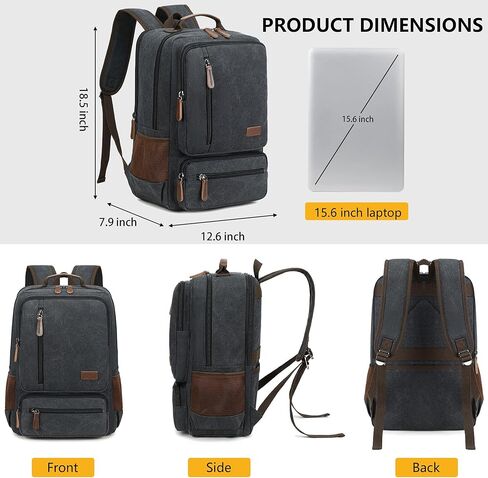 حقيبة ظهر للكمبيوتر المحمول من القماش للرجال والنساء، حقيبة ظهر متينة للسفر والعمل تناسب أجهزة الكمبيوتر المحمول وأجهزة الكمبيوتر المحمول مقاس 15.6 بوصة، وحقائب ظهر جامعية وحقيبة كمبيوتر في عطلة نهاية الأسبوع والمشي لمسافات طويلة (أسود) in Kuwait