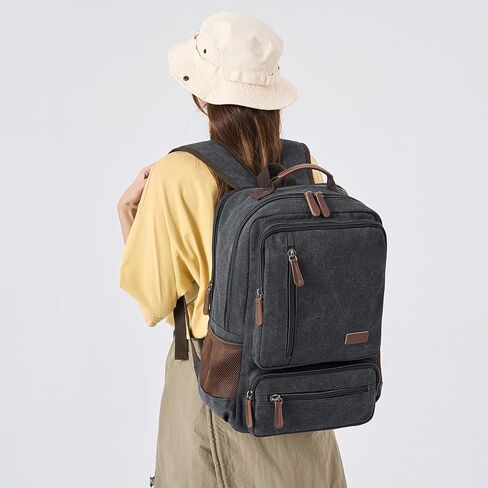 حقيبة ظهر للكمبيوتر المحمول من القماش للرجال والنساء، حقيبة ظهر متينة للسفر والعمل تناسب أجهزة الكمبيوتر المحمول وأجهزة الكمبيوتر المحمول مقاس 15.6 بوصة، وحقائب ظهر جامعية وحقيبة كمبيوتر في عطلة نهاية الأسبوع والمشي لمسافات طويلة (أسود) in Kuwait