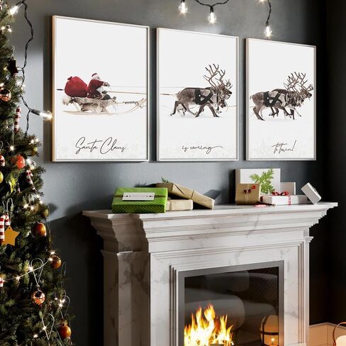 JarThenaAMCS 3Pcs Large Christmas Canvas Wall Art Prints Santa Claus with Sleigh Deer Art Poster Winter Xmas Wall Decor for Gallery Living Room Bedroom (UNFRAMED 16 x 24in) in Saudi Arabia