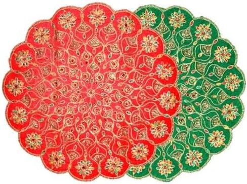 Set of 2 Mat Aasan Round Velvet Pooja Cloth Mat Aasan Decorative Cloth with Sequence Work for Indian Traditional Multipurpose Pooja Festival Decorations Item & Article(Size:- 11" X11")(Red and Green) in Saudi Arabia