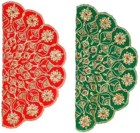 Set of 2 Mat Aasan Round Velvet Pooja Cloth Mat Aasan Decorative Cloth with Sequence Work for Indian Traditional Multipurpose Pooja Festival Decorations Item & Article(Size:- 11" X11")(Red and Green) in Saudi Arabia