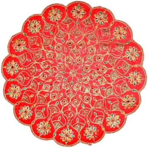 Set of 2 Mat Aasan Round Velvet Pooja Cloth Mat Aasan Decorative Cloth with Sequence Work for Indian Traditional Multipurpose Pooja Festival Decorations Item & Article(Size:- 11" X11")(Red and Green) in Saudi Arabia