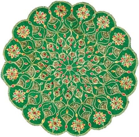 Set of 2 Mat Aasan Round Velvet Pooja Cloth Mat Aasan Decorative Cloth with Sequence Work for Indian Traditional Multipurpose Pooja Festival Decorations Item & Article(Size:- 11" X11")(Red and Green) in Saudi Arabia
