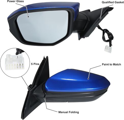 X AUTOHAUX Door Mirror Assembly Left Driver Side for Honda Civic 2016-2020 Power Glass Heated Manual Folding 5 Pins Blue Paint to Match Replace No.76258TBAA21ZA in Saudi Arabia
