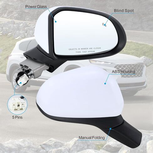 Right Passenger Side Mirror Compatible With 2019 2020 2021 2022 2023 Hyundai Santa Fe With Manual Folding Power Glass Blind Spot Black Replace#87620-S2010(5Pins) in Saudi Arabia
