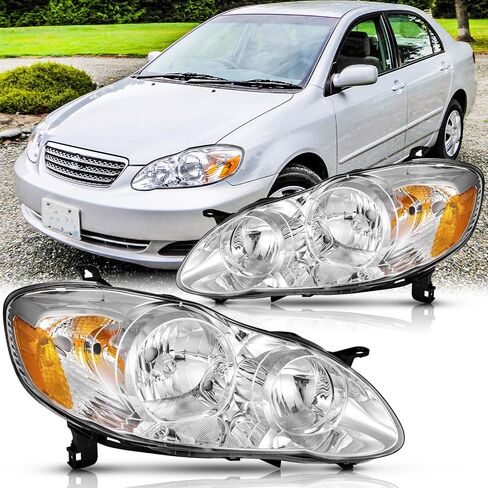 Headlights Assembly Pair for 2003 2004 2005 2006 2007 2008 Toyota Corolla (E130 9th Gen) CE/LE/S Sedan Headlamps Replacement Driver and Passenger Side (LH RH),Chrome Housing Amber Reflector in Saudi Arabia