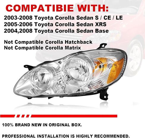 Headlights Assembly Pair for 2003 2004 2005 2006 2007 2008 Toyota Corolla (E130 9th Gen) CE/LE/S Sedan Headlamps Replacement Driver and Passenger Side (LH RH),Chrome Housing Amber Reflector in Saudi Arabia