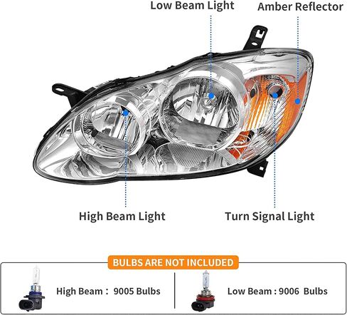 Headlights Assembly Pair for 2003 2004 2005 2006 2007 2008 Toyota Corolla (E130 9th Gen) CE/LE/S Sedan Headlamps Replacement Driver and Passenger Side (LH RH),Chrome Housing Amber Reflector in Saudi Arabia