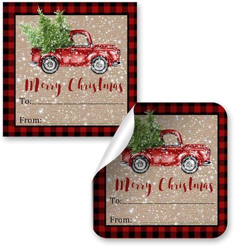 Black Buffalo Plaid Red Watercolor Pickup Truck Christmas Tag Stickers, Set of 12 2.5 X 2.5 Square Holiday Present Labels by AmandaCreation in Saudi Arabia