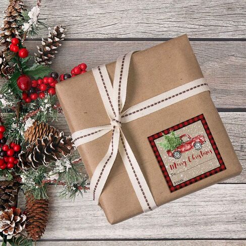 Black Buffalo Plaid Red Watercolor Pickup Truck Christmas Tag Stickers, Set of 12 2.5 X 2.5 Square Holiday Present Labels by AmandaCreation in Saudi Arabia