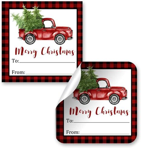 Black Buffalo Plaid Red Watercolor Pickup Truck Christmas Tag Stickers, Set of 12 2.5 X 2.5 Square Holiday Present Labels by AmandaCreation in Saudi Arabia