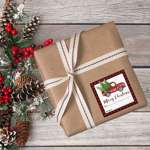 Black Buffalo Plaid Red Watercolor Pickup Truck Christmas Tag Stickers, Set of 12 2.5 X 2.5 Square Holiday Present Labels by AmandaCreation in Saudi Arabia