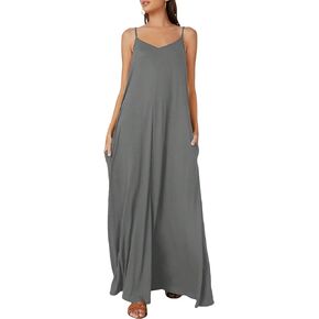 WDIRARA Women's V Neck Sleeveless Maxi Cami Long Dress Summer Casual Dresses with Pockets
