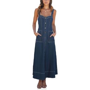 Fisoew Women's Long Denim Dress Sleeveless Adjustable Straps Stretch A Line Maxi Dress with Pockets