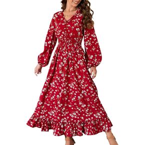 Casual V Neck Boho Floral Print Wedding Guest Maxi Dresses for Women Bohemian Flowy Maxi Dress
