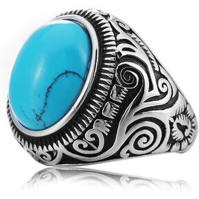 NanMuc Vintage Blue Created-Turquoise Ring for Men Women Biker Stainless Steel Ring Band Silver Size 8-12