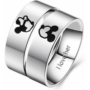 Couples Rings I Love Her I Love Him Mickey Mouse Kiss His Hers Titanium Steel Anniversary Wedding Band Silver【Please Buy Two Rings for one Pair】