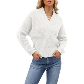 Pink Queen Women's 2023 Fall Wrap V Neck Batwing Long Sleeve Ribbed Knit Loose Pullover Knit Sweater Tops
