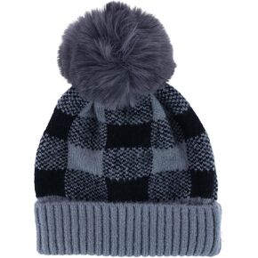 Women's Knit Buffalo Plaid Winter Beanie Hat with Pom