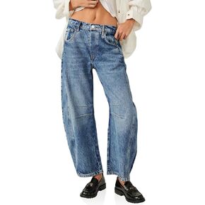 PLNOTME Women's Baggy Boyfriend Jeans Vintage Wide Leg Mid Rise Barrel Denim Ankle Pants