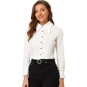 Allegra K Work Office Button Down Shirt for Women's Point Collar Long Sleeve Top