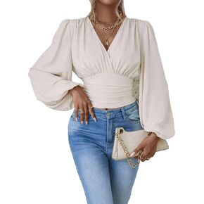WDIRARA Women's Lantern Sleeve Ruched Crop Blouse Wrap Front V Neck Shirt Top