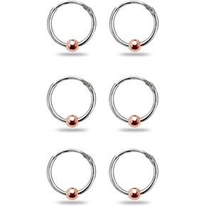 Sterling Silver Ball Bead Small Endless 10mm Thin Round Unisex Hoop Earrings for Men Women Set of 3 Pairs in Kuwait
