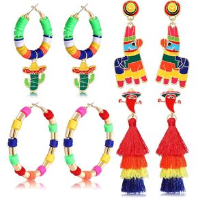 4 Pairs Cinco De Mayo Earrings for Women Statement Mexican Fiesta Earrings Polymer Clay Cactus Hoop Earrings Chili Tassel Earrings Mexican Fiesta Jewelry Gifts for Women Girls