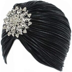 Women's Ruffle Turban Hat Glitter Pleated Stretch Head Wraps Chemo Cap with Detachable Crystal Brooch