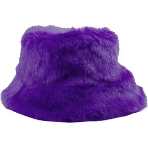 LUOZZY Winter Faux Fur Furry Bucket Hat Purple Fuzzy Fluffy Bucket Hat Warm Hat Solid Color Faux Fur Plush Fisherman Hat for Women Teens Girls Purple