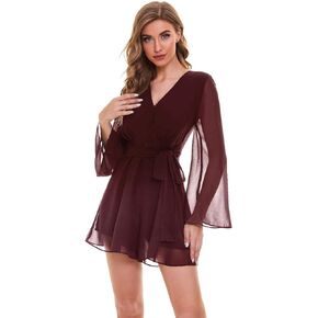 SUGAR POISON Women's Casual Long Sleeve Romper Chiffon Ruffle Hem Deep V-Neck Jumpsuit