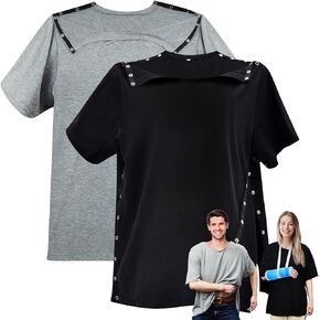 2 Pieces Post Surgery Shirt for Men Women Unisex Shoulder Surgery Shirts Left Right Side Snap Access Recovery Hospital Shirts