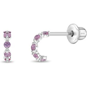 925 Sterling Silver Pink Cubic Zirconia Half Hoop Screw Back Earrings For Young Girls and Pre-Teens- Glittering & Fashionable Hoop Earrings For Daily Use- Exquisite Design