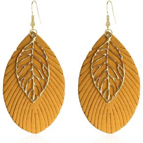Large Genuine Soft Leather Handmade Fringe Feather Tassel Lightweight Tear Drop Dangle Color Earrings for Women Girls With Gold Leaf