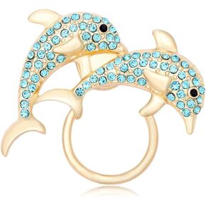 MANZHEN Blue Crystal Rhinestone Double Dolphin Brooch Magnetic Eyeglass Holder Nautical Jewelry