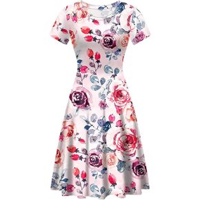 UNICEU Women's Floral Animal Print Skater Party Cocktail Midi Dress Short Sleeve O Neck Casual Flared Swing Dress S-2XL