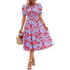 Kormei Women Summer Casual Boho Floral Round Neck Short Sleeve Smocked Waist Tiered Flowy Swing Midi Dress