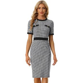 Allegra K Plaid Houndstooth Dress for Women's Short Sleeve Contrast Bodycon Dress