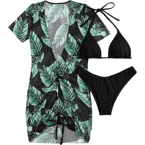 WDIRARA Women's 3 Piece Set Solid Halter Triangle Bikini Swimsuit with Tropical Print Cover Up Dress