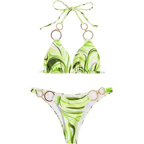 WDIRARA Women's 2 Piece Halter Swimsuit Triangle Tie Up Thong Textured Bikini Set