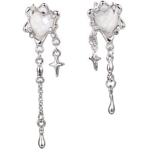 Moonstone Heart Stainless Steel Earrings for Women Tassel Silver Star Dangle Earrings Dangling Y2k Earinging Earring