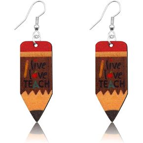 Ronglry Double-sided Print Wooden Teacher Earrings for Women Apple Pencil Book Heart Rainbow Shaped Dangle Earrings for Teachers Lightweight Back to School Graduation Earrings Fun Teacher Appreciation Jewelry Gifts from Students