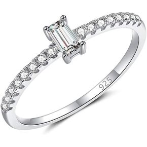 Emerald Cut Simulated Diamond CZ Dainty Delicate Ring 925 Silver Rhodium Plated