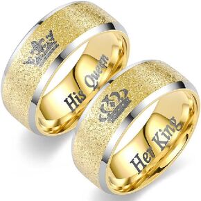 Uloveido His Queen Her King Couple Ring Gold Plated Stainless Steel, Crown Couple Rings Matching Couple Rings Band, Steel Couple Wedding Bridal Rings for Men and Women Size 6-10 Y4406