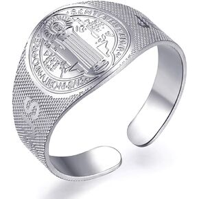 Stainless Steel Jesus Saint Benedict Ring Opening Adjustable Ring Catholic Religious Jewelry