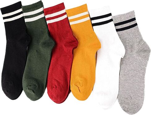 IHAUIUE Two Stripes Crew Socks Solid Color Quartz Socks Vintage Colorful Dress Socks for Women, Men, 6 Pack in Kuwait