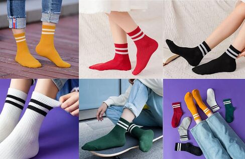 IHAUIUE Two Stripes Crew Socks Solid Color Quartz Socks Vintage Colorful Dress Socks for Women, Men, 6 Pack in Kuwait