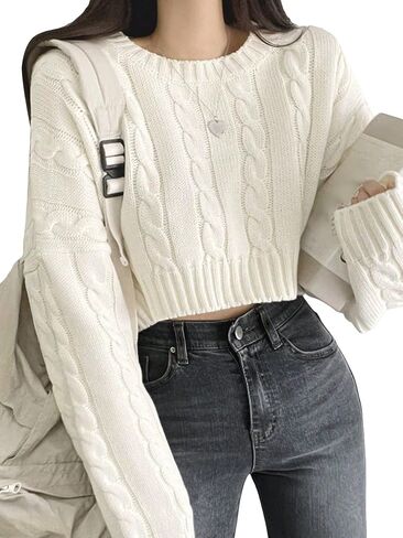 COZYEASE Women's Cable Knit Crop Sweater Drop Shoulder Long Sleeve Crewneck Knit Pullover Tops Knitwear in Saudi Arabia