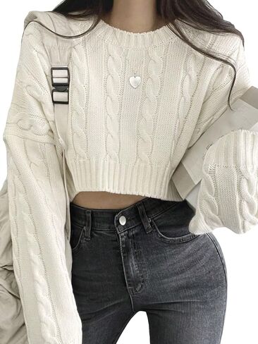 COZYEASE Women's Cable Knit Crop Sweater Drop Shoulder Long Sleeve Crewneck Knit Pullover Tops Knitwear in Saudi Arabia